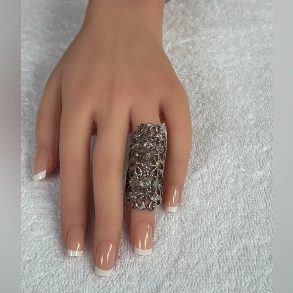 Boho Silver Tone Filigree Full Finger Ring with Rhinestones - Picture 3 of 12